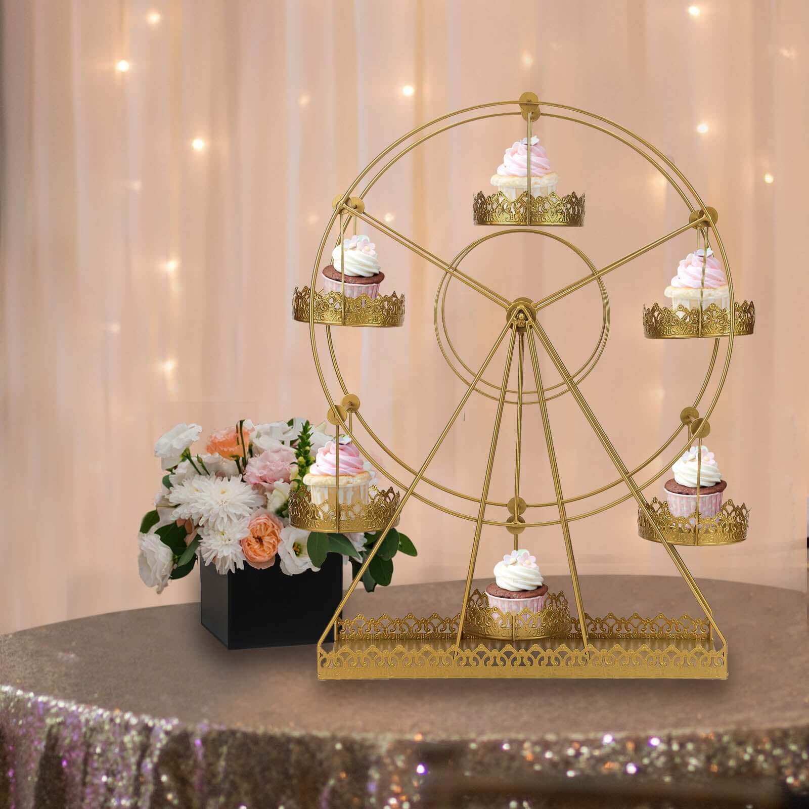 Metal Ferris Wheel Cupcake Holder Gold - Large Decorative Rotating Dessert Display Stand for Carnival-Themed Events Baby Showers & Weddings 23"
