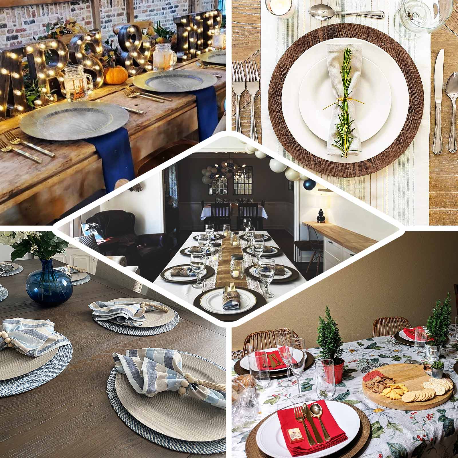 6-Pack Plastic Round Charger Plates 13" in Natural with Faux Wood Finish, Rustic Boho Chic Dinner Party Charger Tableware