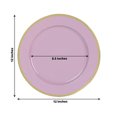 10-Pack Economy Plastic Round Charger Plates 12" in Lavender Lilac with Wide Gold Rim, Decorative Dinner Party Serving Plates