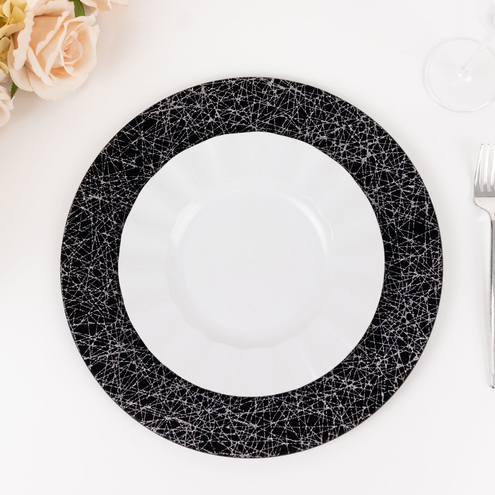 6-Pack Acrylic Round Charger Plates 13" in Black with Silver Glitter Abstract Lines Pattern, Decorative Dinner Party Charger Tableware