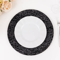 6-Pack Acrylic Round Charger Plates 13" in Black with Silver Glitter Abstract Lines Pattern, Decorative Dinner Party Charger Tableware