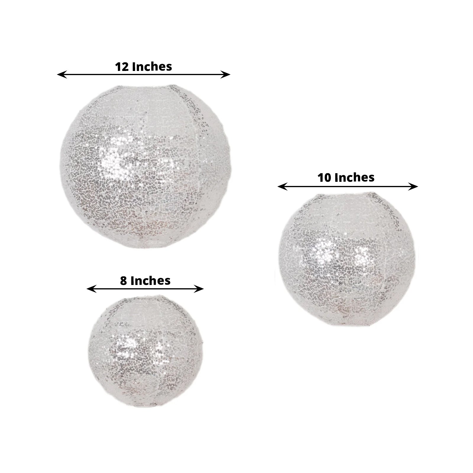 Set of 3 Glitter Silver Sequin Fabric Hanging Lanterns, Decorative Round Foldable Chinese Lantern Lampshades - 8",10",12"