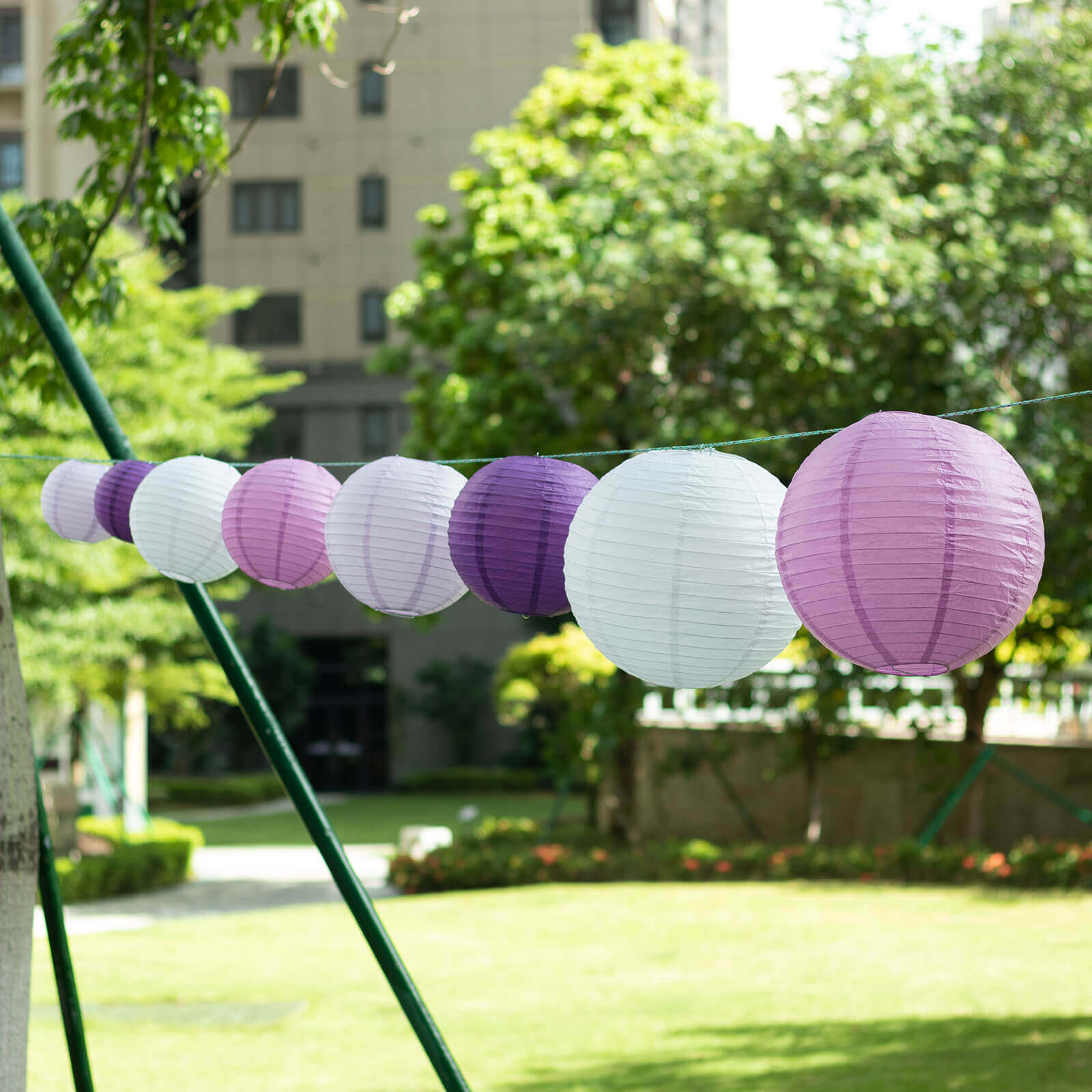 Set of 8 Mixed Purple White Hanging Paper Lanterns, Decorative Round Chinese Sky Lanterns, Assorted Sizes - 6",8",10",14"