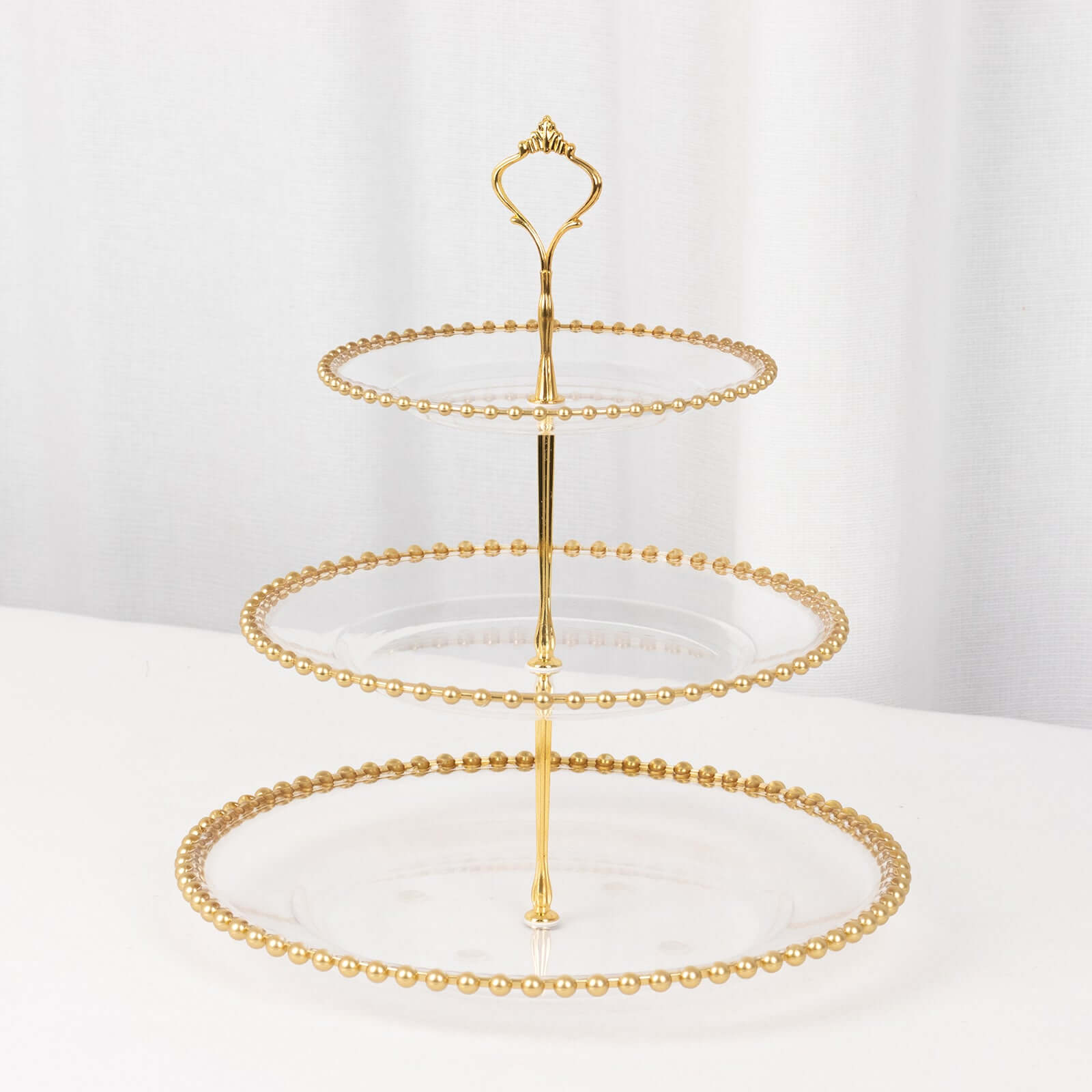 3-Tier Plastic Round Cupcake Tower Stand Clear - Versatile Dessert Display Tea Party Serving Platter with Gold Beaded Rim & Top Handle 14"