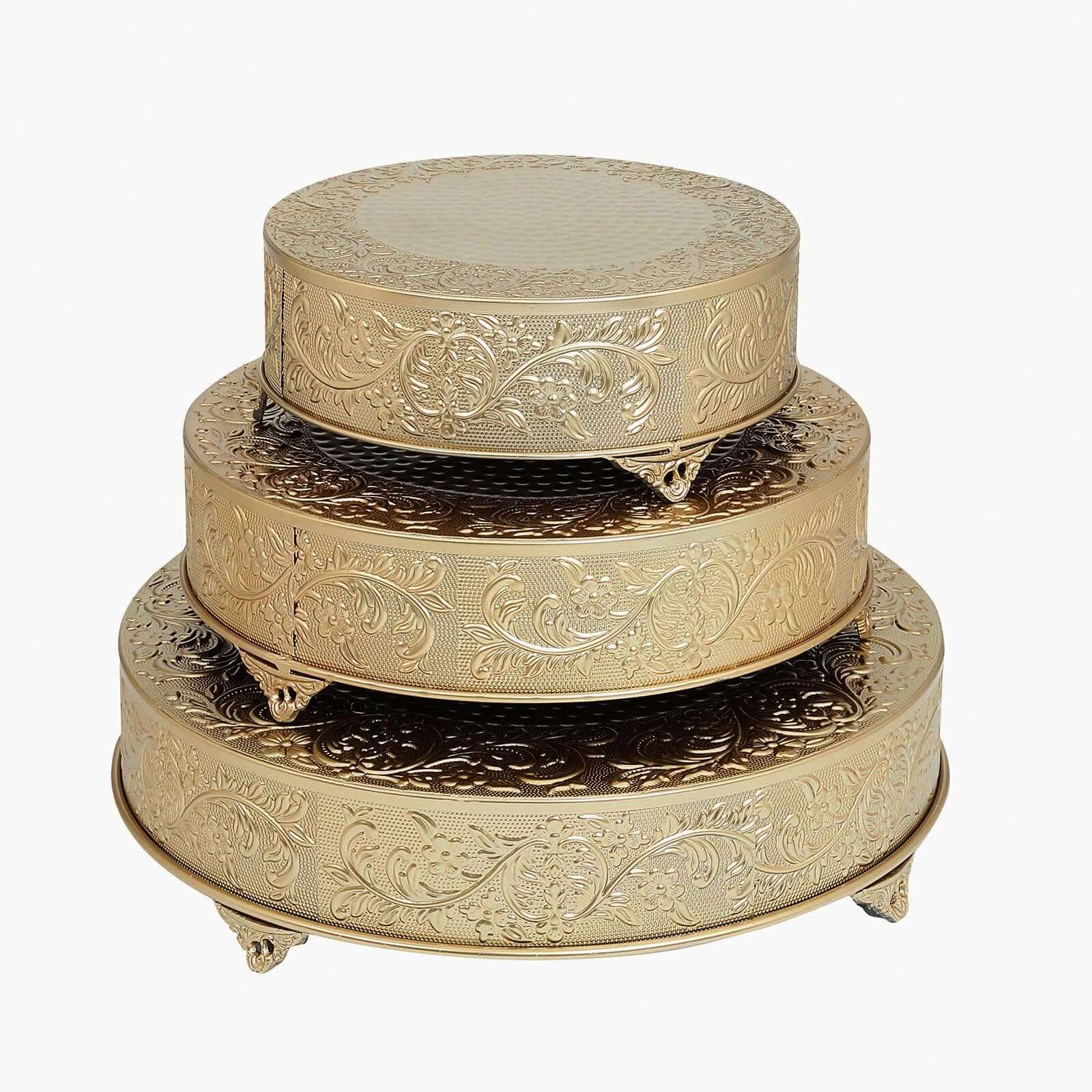 Metal 18" Round Cake Pedestal Stand Matte Gold - Cupcake Dessert Display Riser with Intricate Embossed Design for Upscale Events & Gatherings