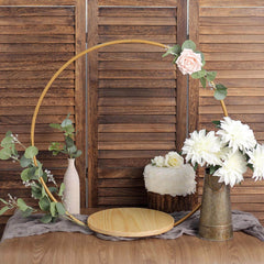 Metal Round Floral Hoop Cake Stand Gold - Chic Geometric Dessert Display DIY Centerpiece Table Decoration With Wooden Base 33"