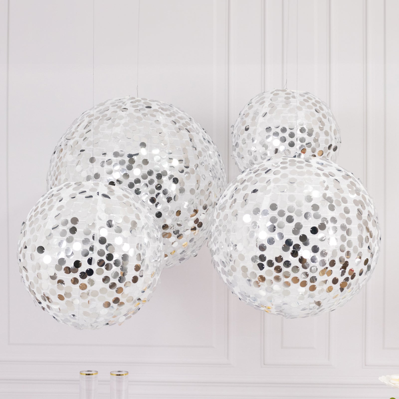 Set of 4 Glitter Silver Payette Sequin Hanging Lanterns, Large Decorative Round Foldable Fabric Chinese Lantern Lampshades - 12",14",16",20"