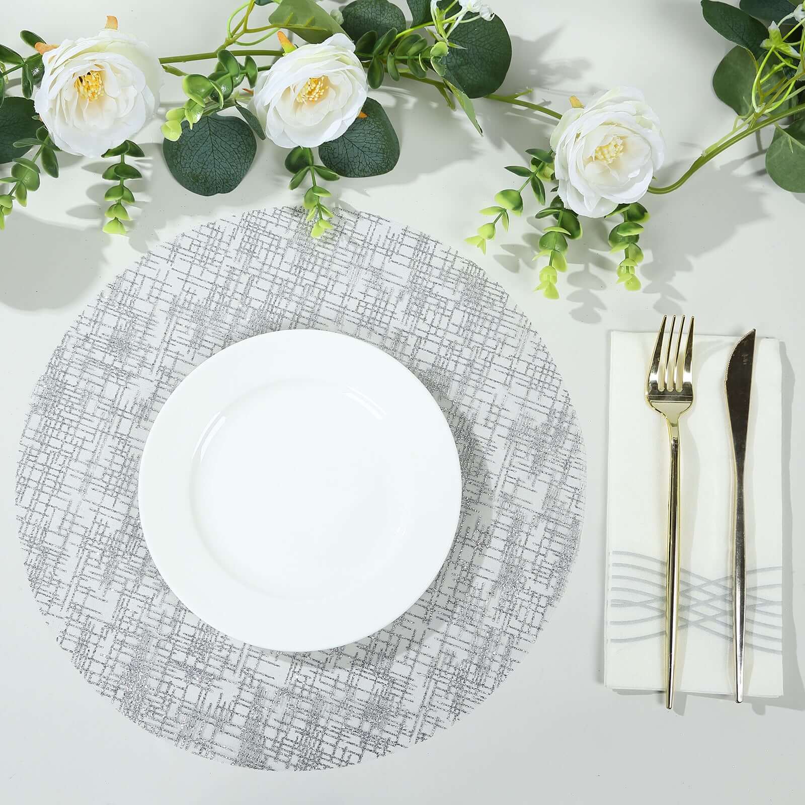 10-Pack Table Placemats Glitter Design Metallic Silver Round - Mesh Polyester Disposable Mats 13"