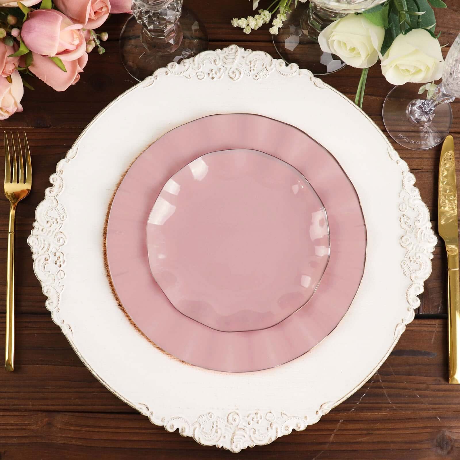 10-Pack Plastic Round 6" Dessert Plates in Dusty Rose Ruffled Rim with Gold Edging - Sturdy Disposable Salad Appetizer Dinnerware