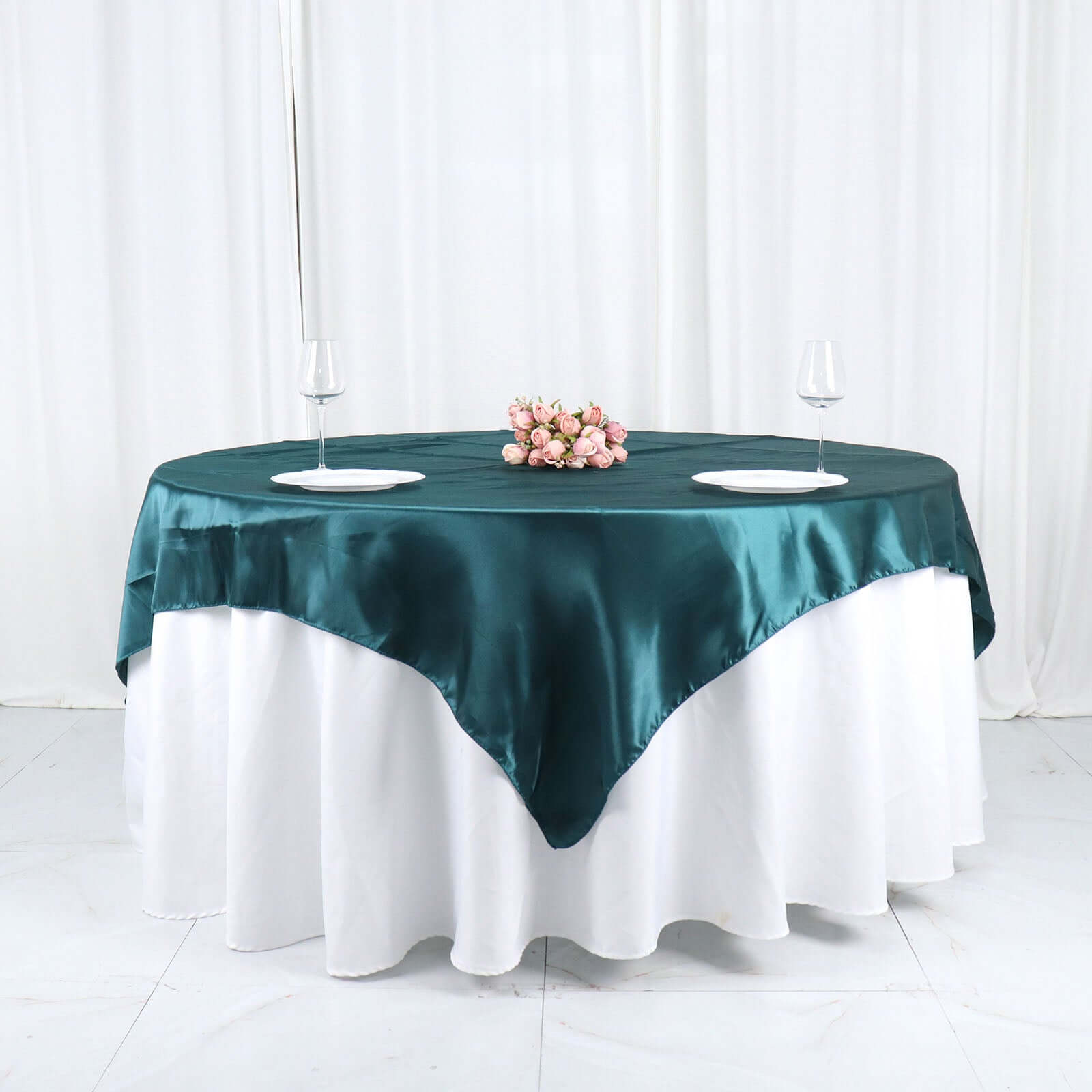 Satin 72"x72" Table Overlay Square Tablecloth Peacock Teal - Smooth Finish Table Cover