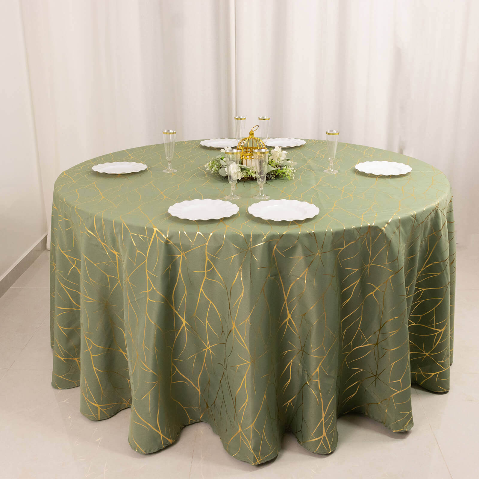 Polyester 120" Round Tablecloth Dusty Sage Green with Gold Foil Tree Branch Pattern - Wrinkle-Resistant Seamless Table Cover for Classy Events