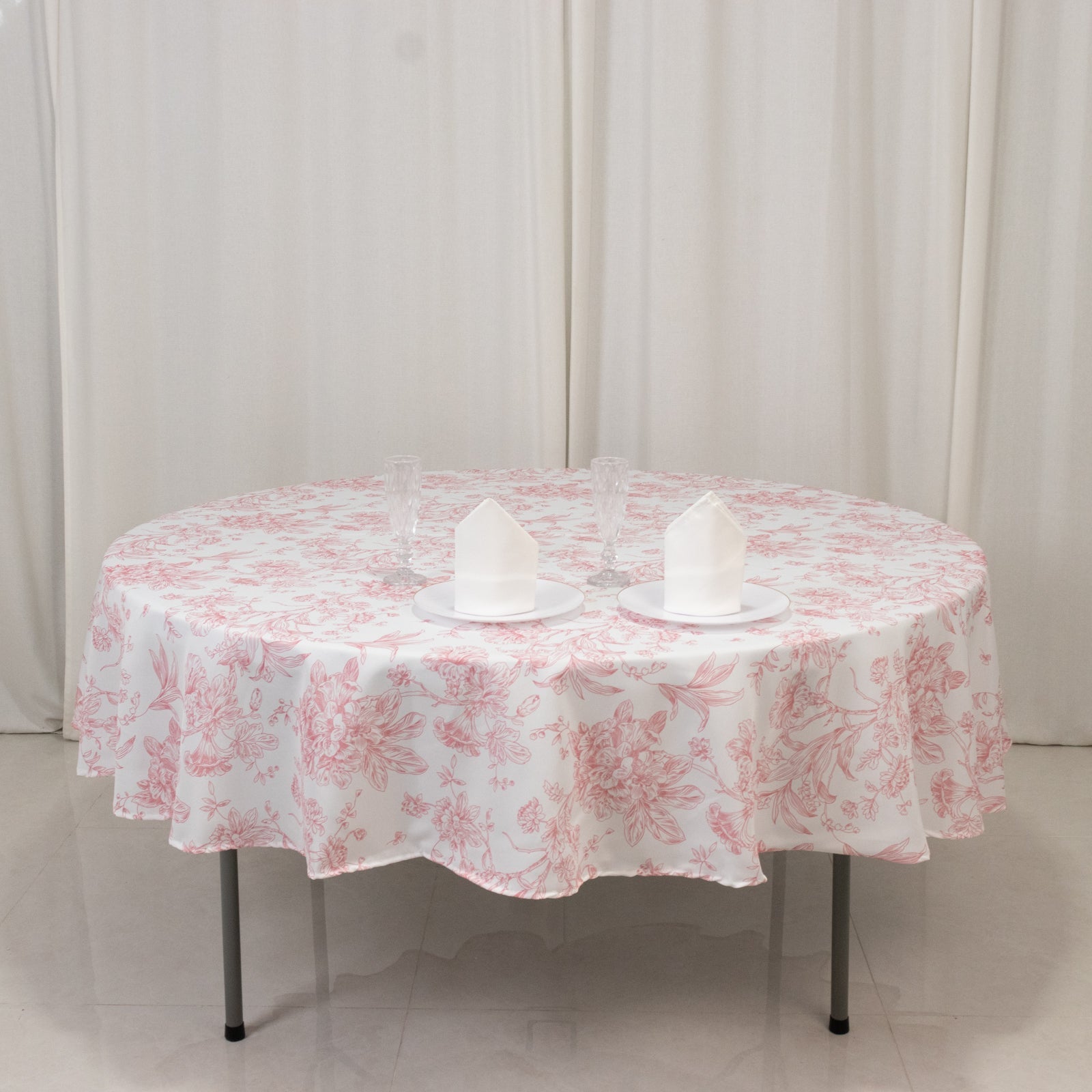 Polyester 90" Round Tablecloth White - Pink French Toile Pattern for Chic Weddings
