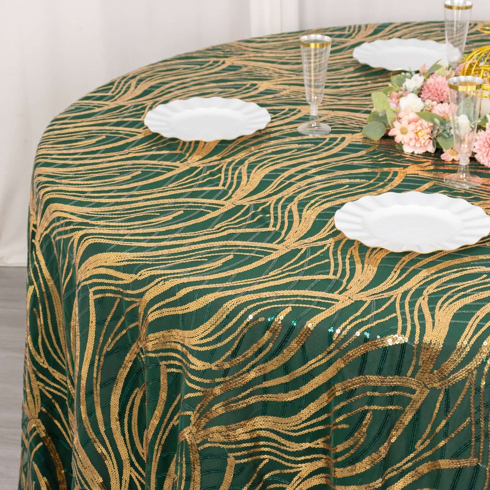 Sequin Mesh 120" Round Tablecloth Hunter Emerald Green/Gold - Seamless Wave Embroidered Table Cover