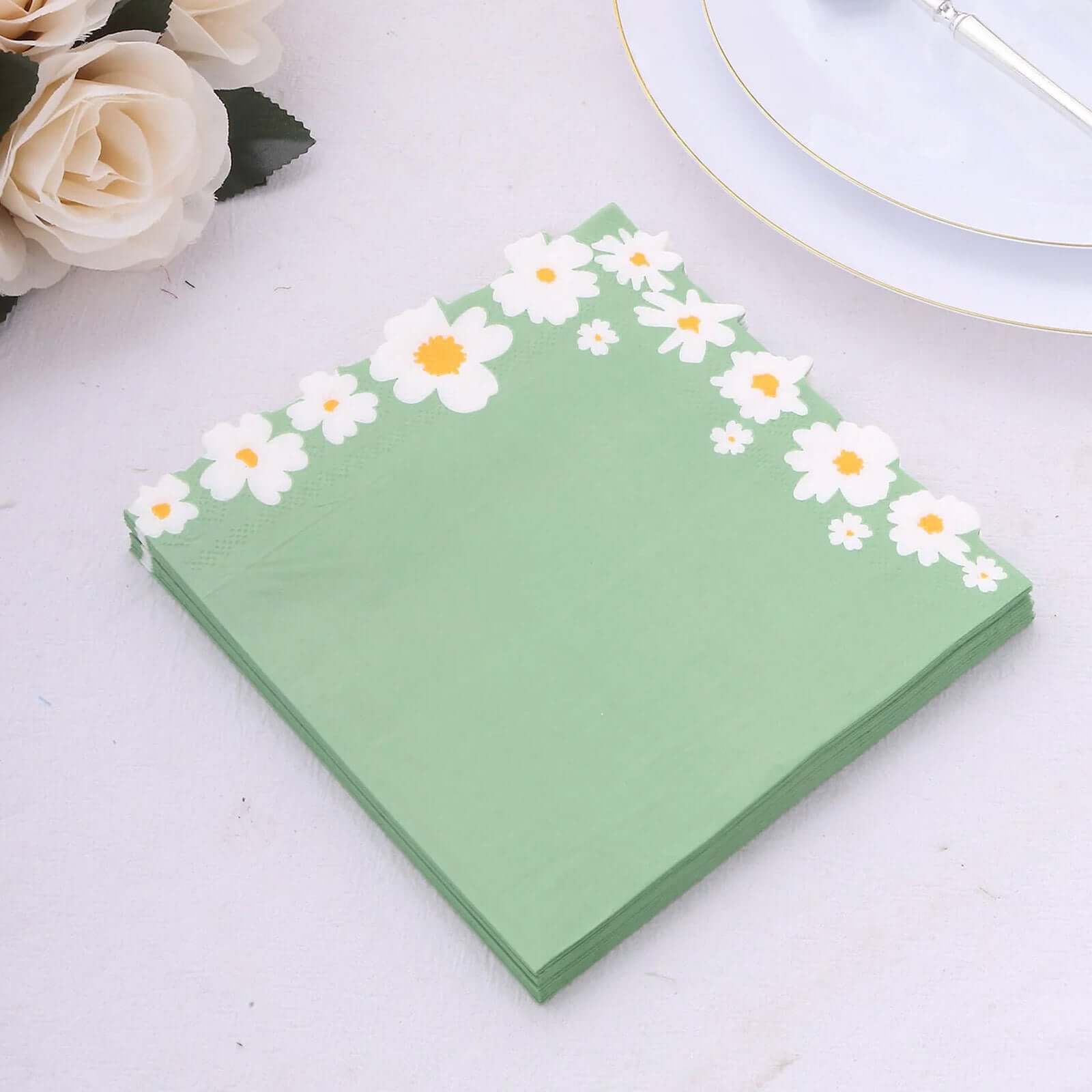 20-Pack Paper Beverage Napkins with Daisy Flower Design Sage Green - 2 Ply Soft 18GSM Floral Wedding Napkins 6.5"x6.5"