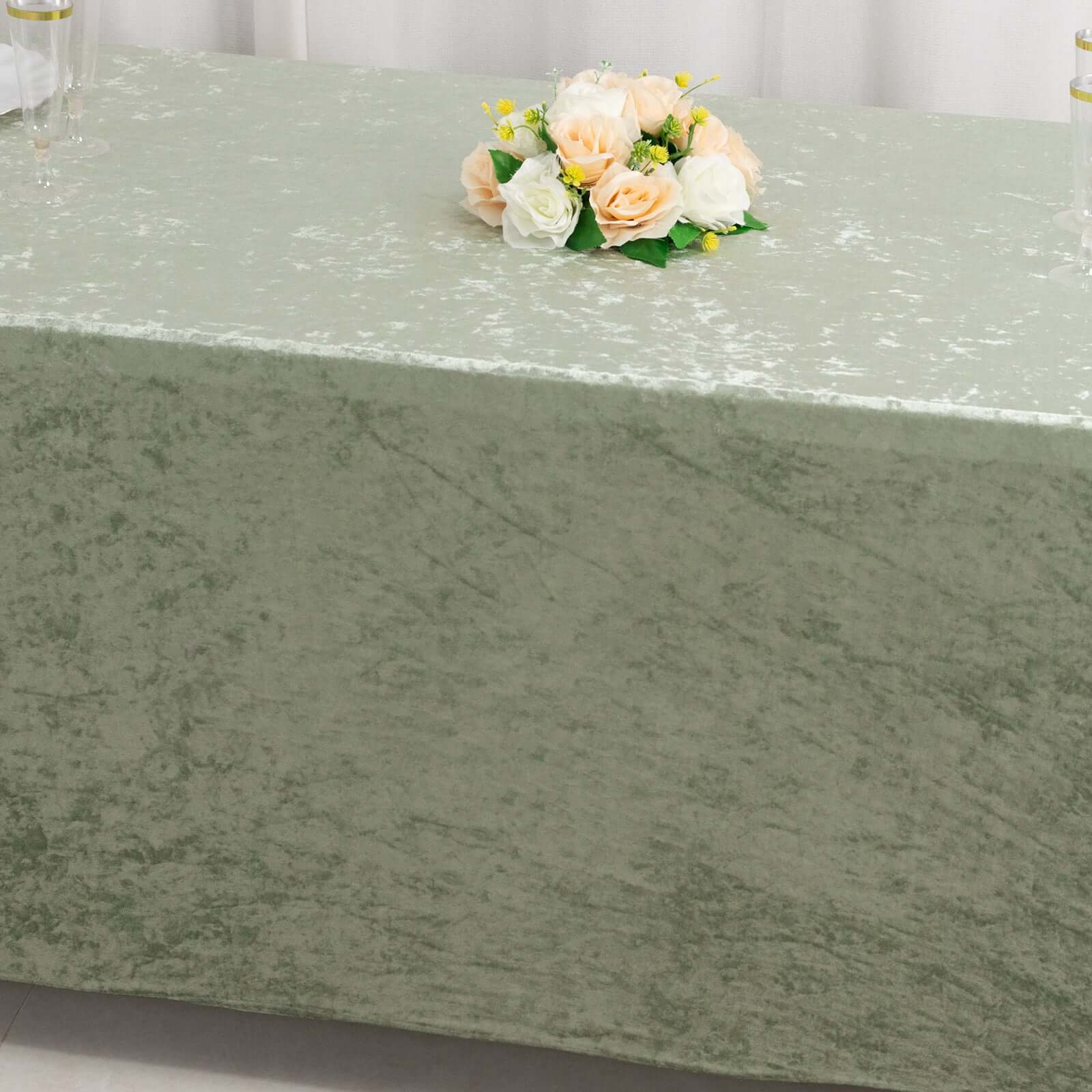 Crushed Velvet Fitted Rectangular 6ft Table Cover Sage Green - Wrinkle-Free Stretchy Tablecloth