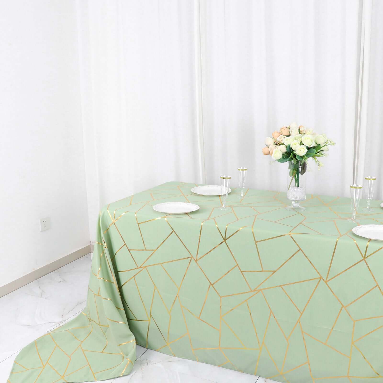 Polyester 90"x156" Rectangle Tablecloth Sage Green Seamless with Gold Foil Geometric Pattern - Wrinkle-Resistant Seamless Table Cover for Sophisticated Events