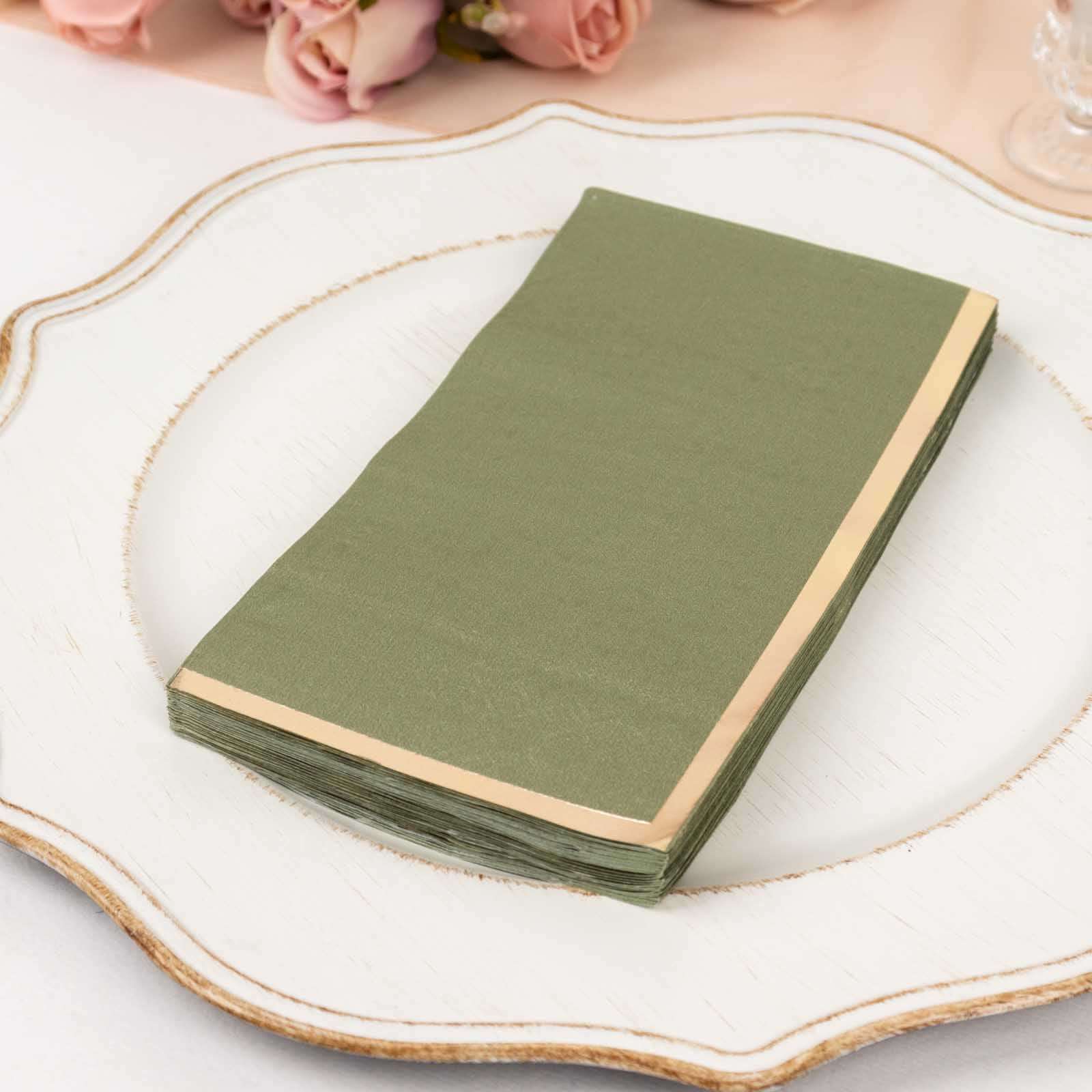 50-Pack Paper Dinner Napkins Dusty Sage Green with Gold Foil Edge 2 Ply - Stylish Disposable Napkins