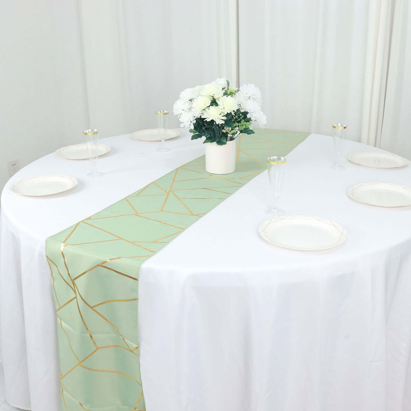 Polyester 9ft Table Runner Sage Green with Gold Foil Modern Geometric Accent