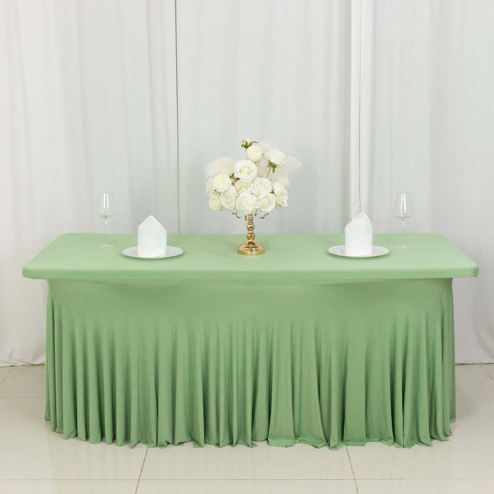 Spandex Rectangle 72"x30" Table Skirt Sage Green with Wavy Skirt-Like Effect Table Cover