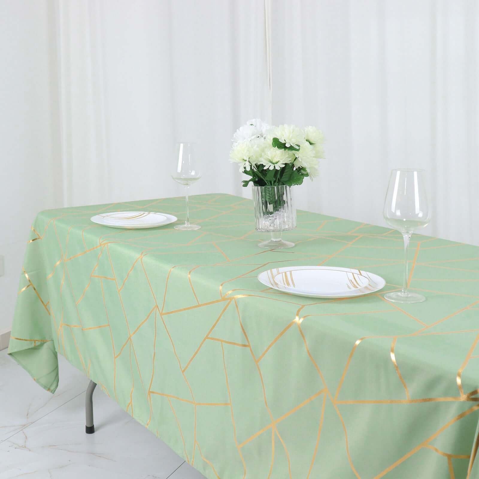 Polyester 60"x102" Rectangle Tablecloth Sage Green with Gold Foil Geometric Pattern - Wrinkle-Resistant & Durable Table Cover