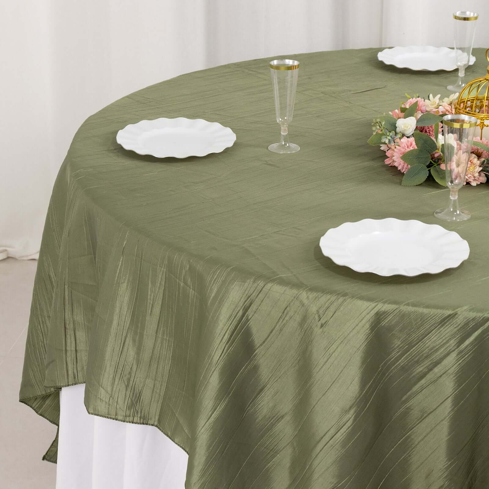 Taffeta 90"x90" Table Overlay Square Tablecloth Dusty Sage Green - Accordion Crinkle Table Cover