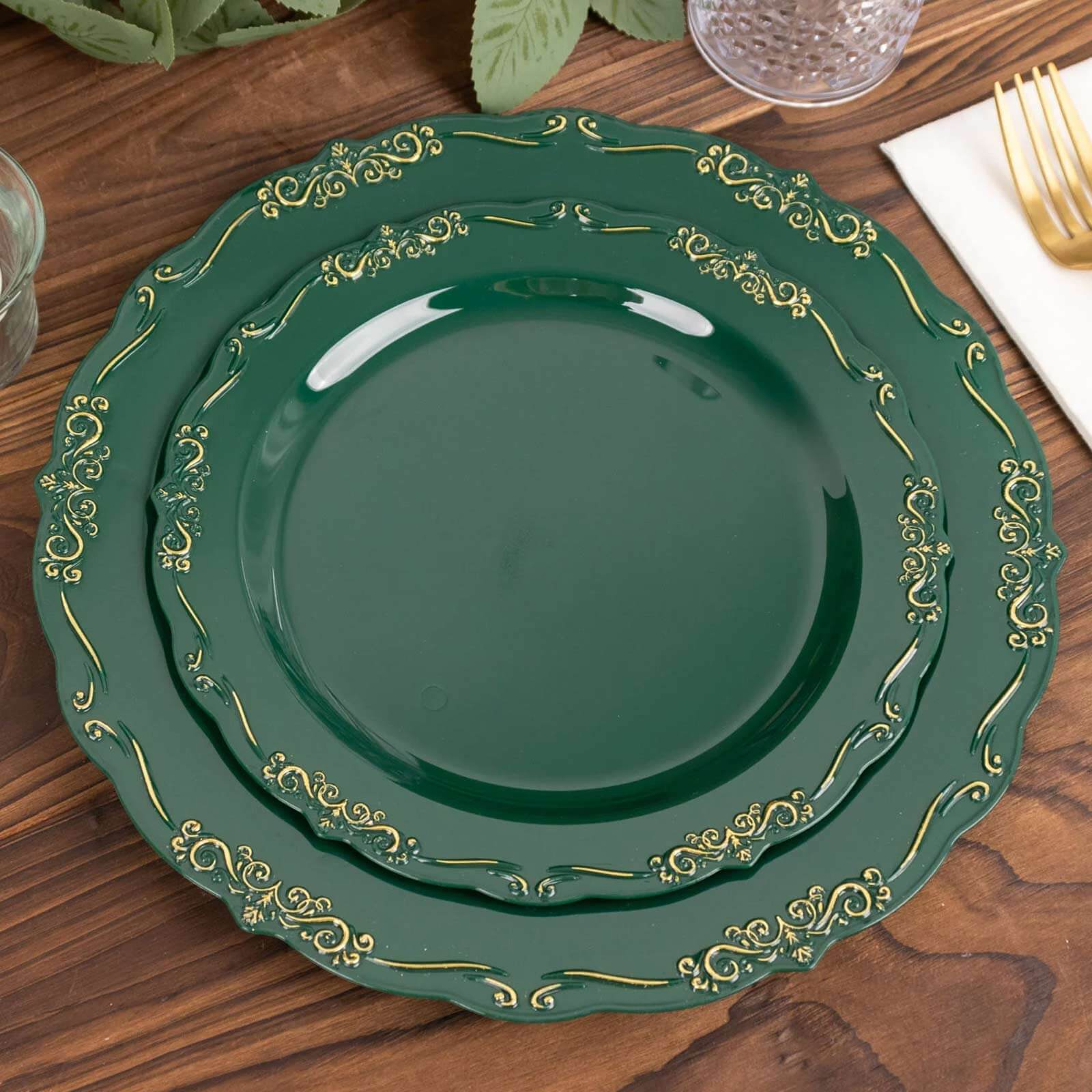 10-Pack Plastic 7" Round Dessert Plates in Hunter Emerald Green with Gold Vintage Embossed Rim - Sturdy Disposable Scalloped Edge Salad Plates