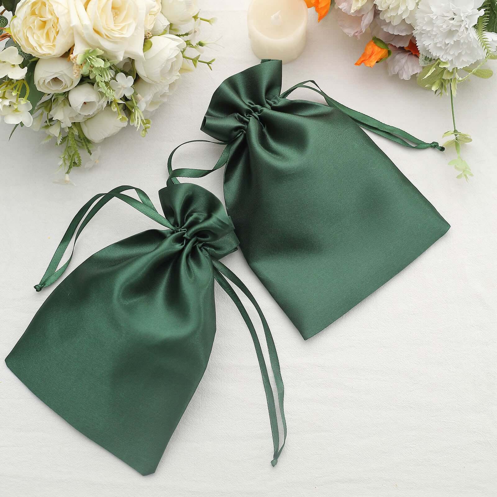 12 Pack 6"x9" Hunter Emerald Green Satin Wedding Party Favor Bags, Drawstring Pouch Gift Bags