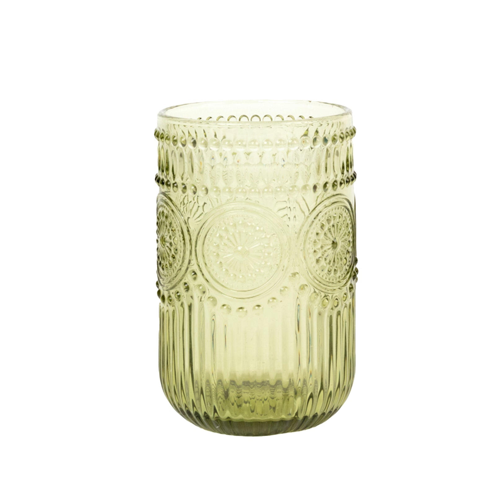 6-Pack Glass Tumblers Dusty Sage Green Vintage Embossed Design with Textured Floral Pattern - Highball Glasses for Drinks & Parties 14oz