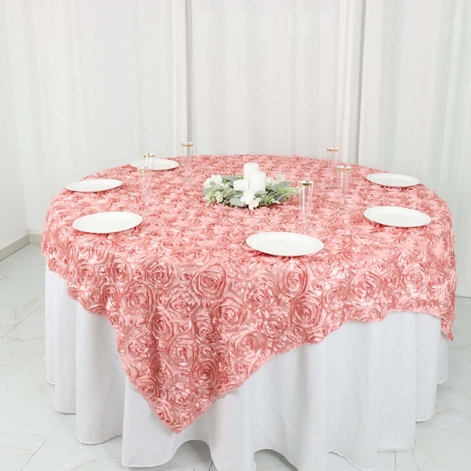 Satin 72"x72" Table Overlay Square Tablecloth Dust Rose - 3D Rosette Table Cover