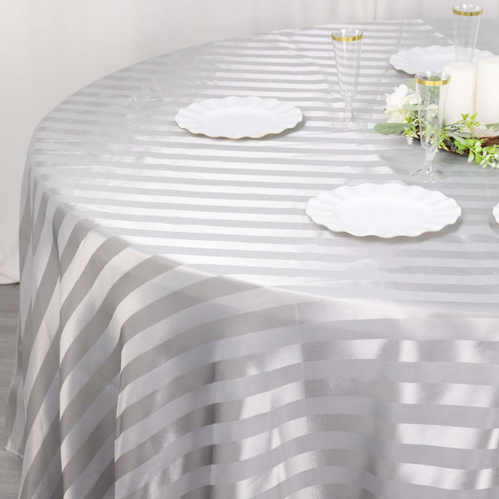 Satin Striped 120" Round Tablecloth Silver - Silky Smooth Seamless Table Cover