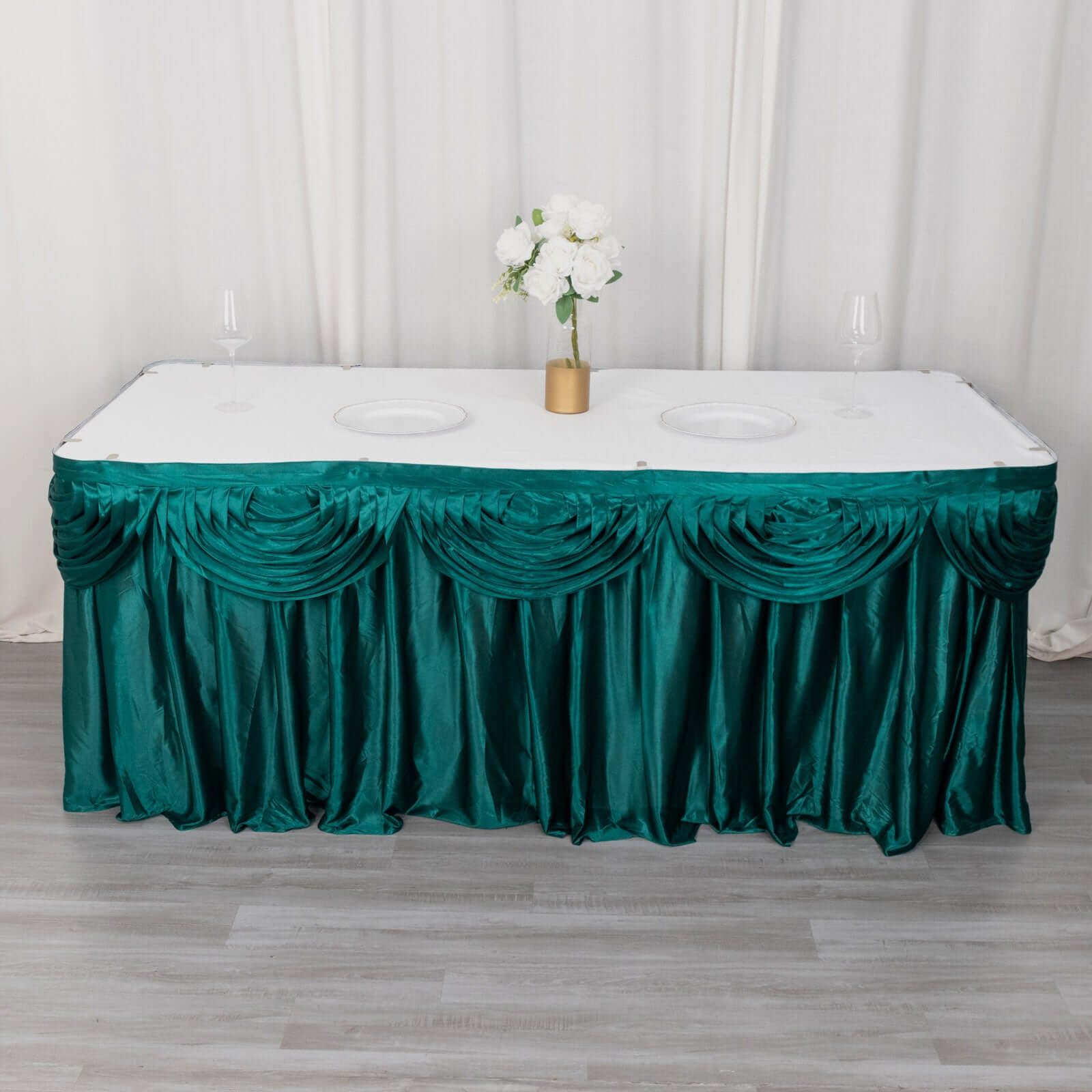 Satin 14ft Table Skirt Peacock Teal - Pleated Double Drape Table Cover