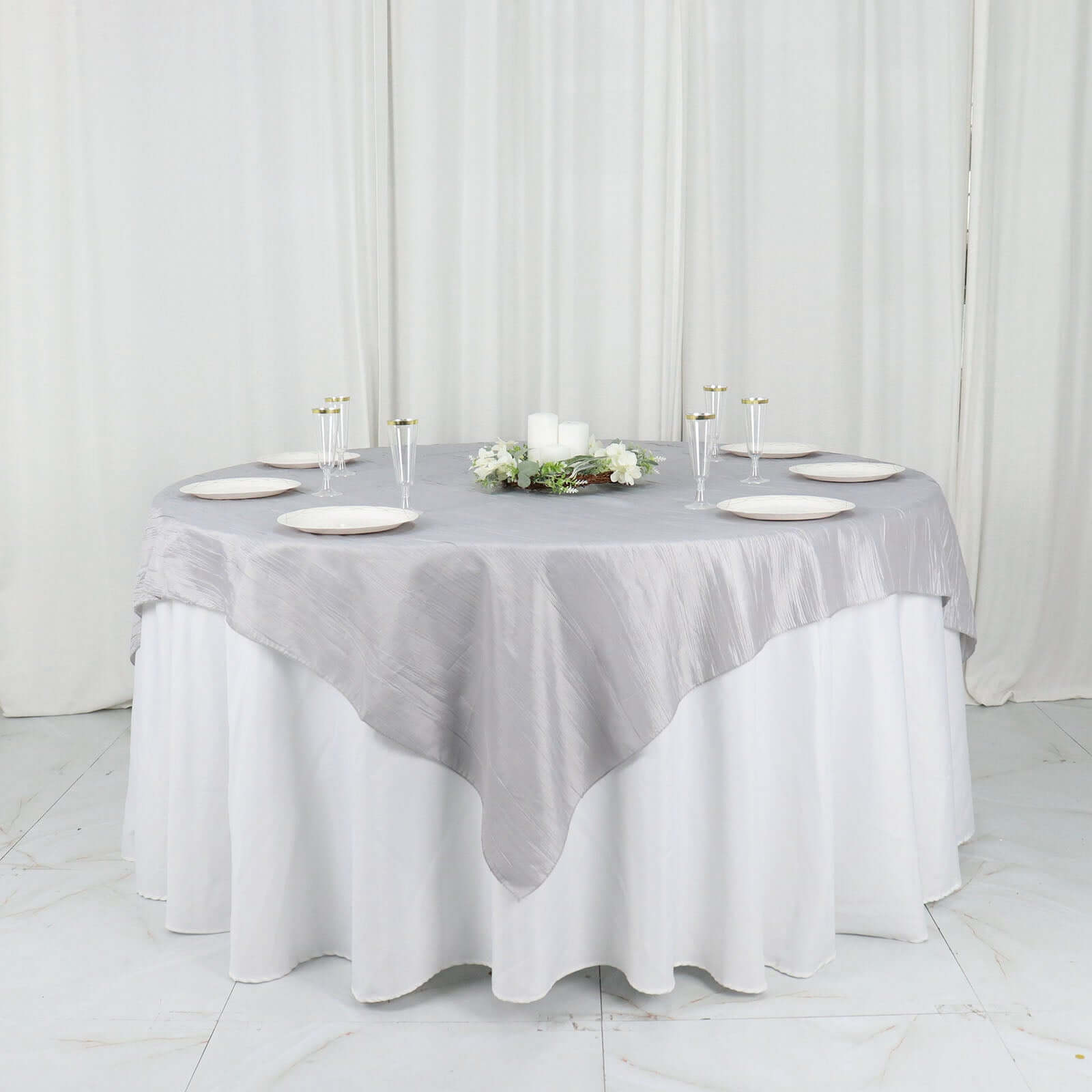 Taffeta 72"x72" Table Overlay Square Tablecloth Silver - Accordion Crinkle Table Cover
