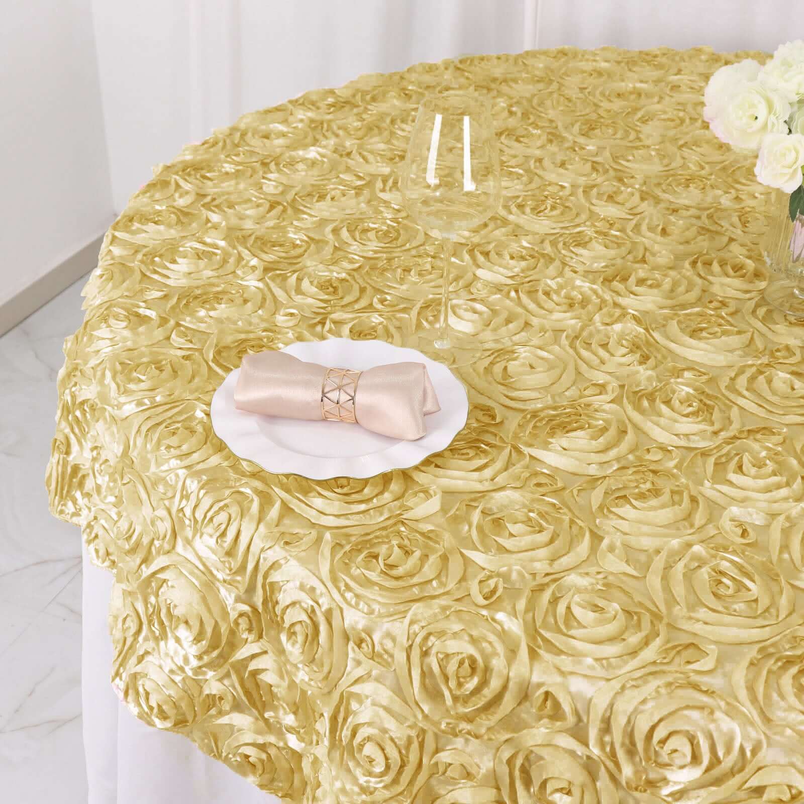 Satin 72"x72" Table Overlay Square Tablecloth Champagne - 3D Rosette Table Cover