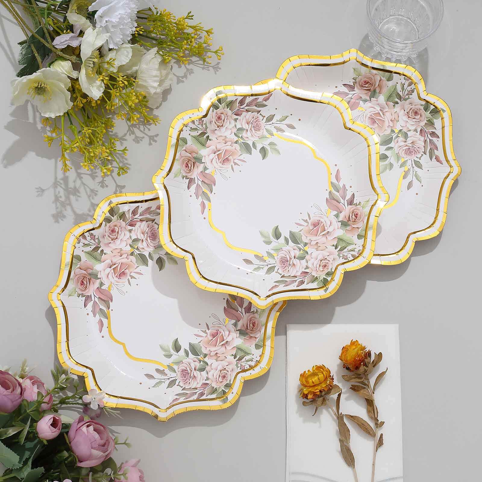 25-Pack Paper 8" Dessert Plates in White with Floral Print & Gold Scallop Rim - Disposable 300GSM Appetizer Salad Plates for Cocktail Events & Receptions