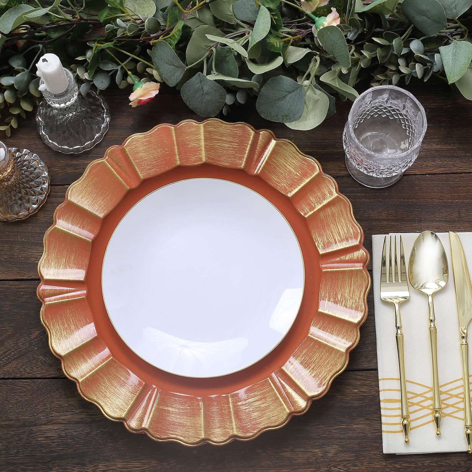 6-Pack Acrylic Plastic Round Charger Plates 13" in Terracotta (Rust) with Gold Brushed Wavy Scalloped Rim, Decorative Dinner Party Charger Tableware
