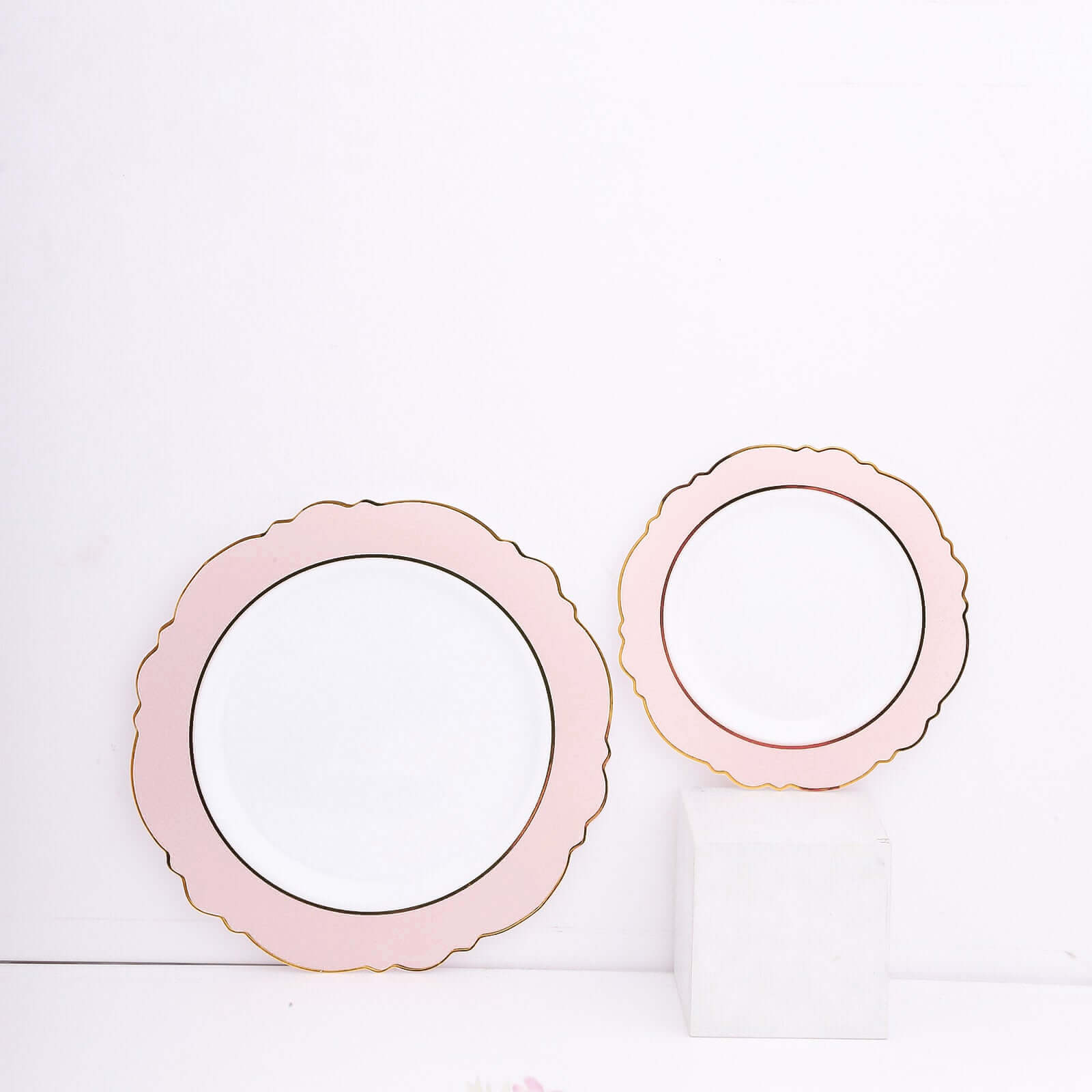 10-Pack Plastic 8" Round Dessert Plates in White with Blush Blossom Design & Gold Edging - Disposable Salad Appetizer Plates