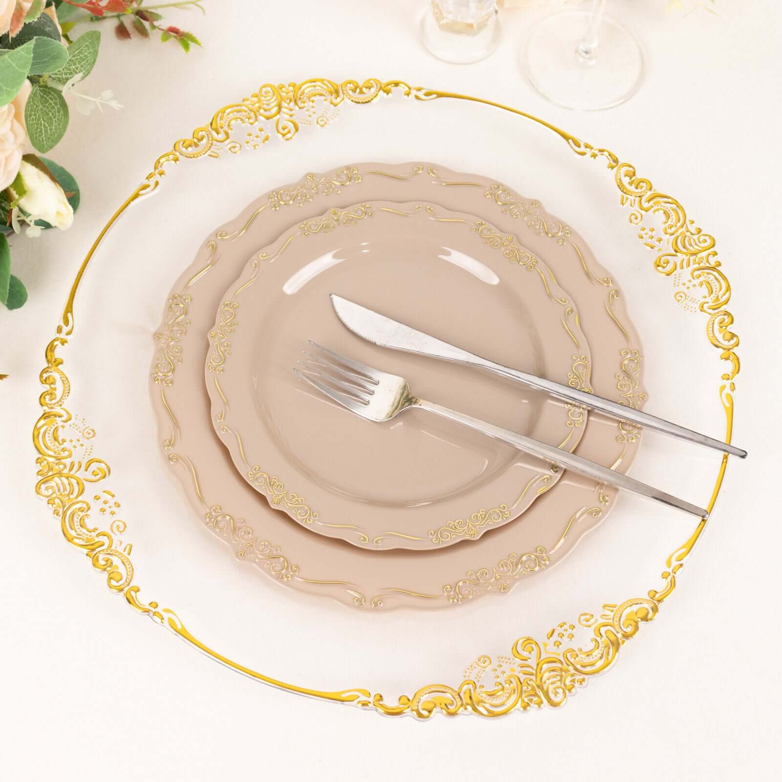 10-Pack Plastic 7" Round Dessert Plates in Taupe with Gold Vintage Embossed Rim - Sturdy Disposable Scalloped Edge Salad Plates