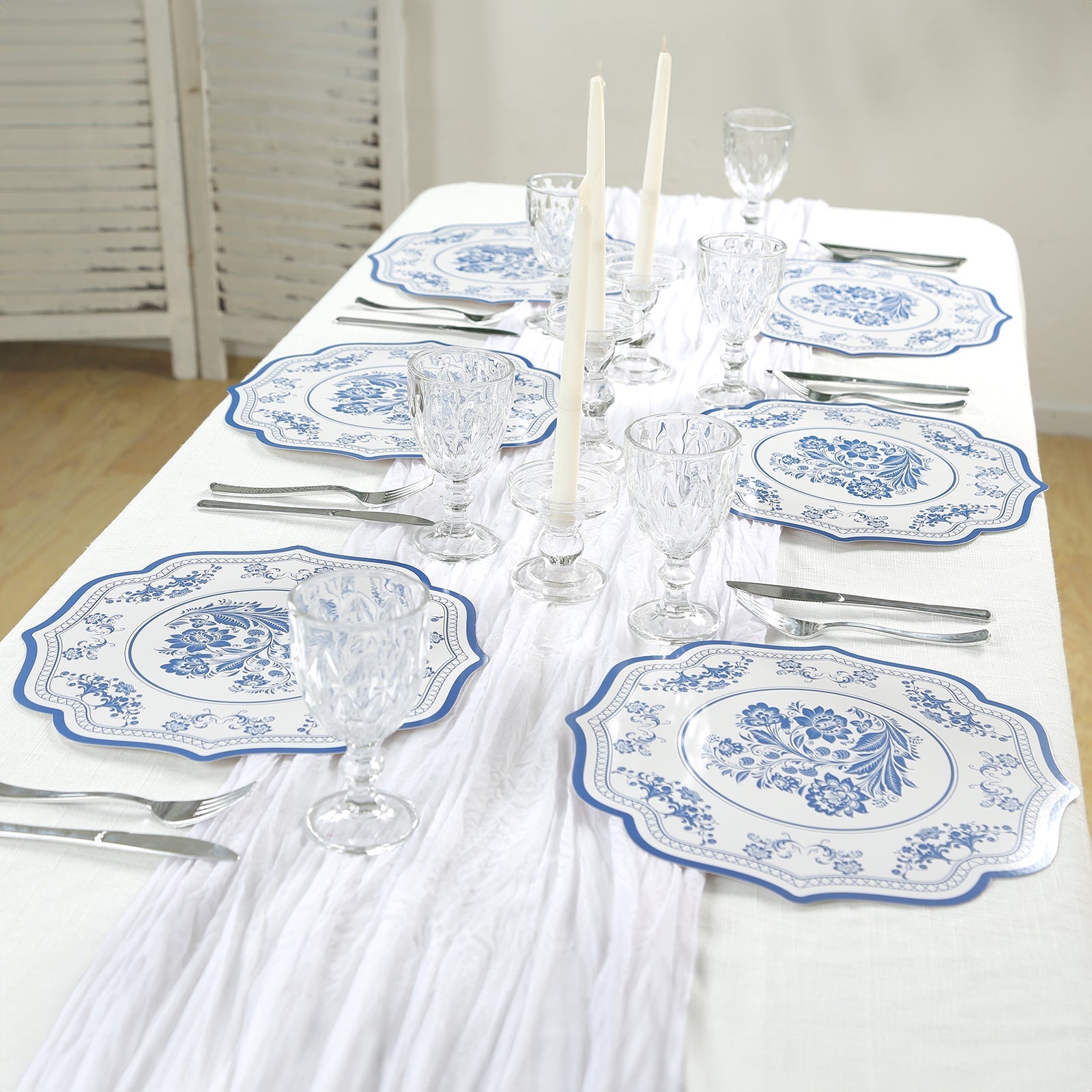 10 Pack Cardboard Paper Table Mats with White Royal Blue Damask Floral Pattern, 13" Round Disposable Placemats with Scalloped Rim - 400 GSM
