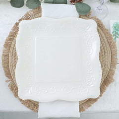 25-Pack Paper 11" Square Dinner Plates in White with Vintage Pottery Embossed Design - Shiny Disposable Serving Plates