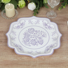 25-Pack Paper Dessert Plates in White with Lavender Lilac Damask Floral Print & Scallop Rim - Stylish Disposable 300GSM Floral Salad Appetizer Plates 8"