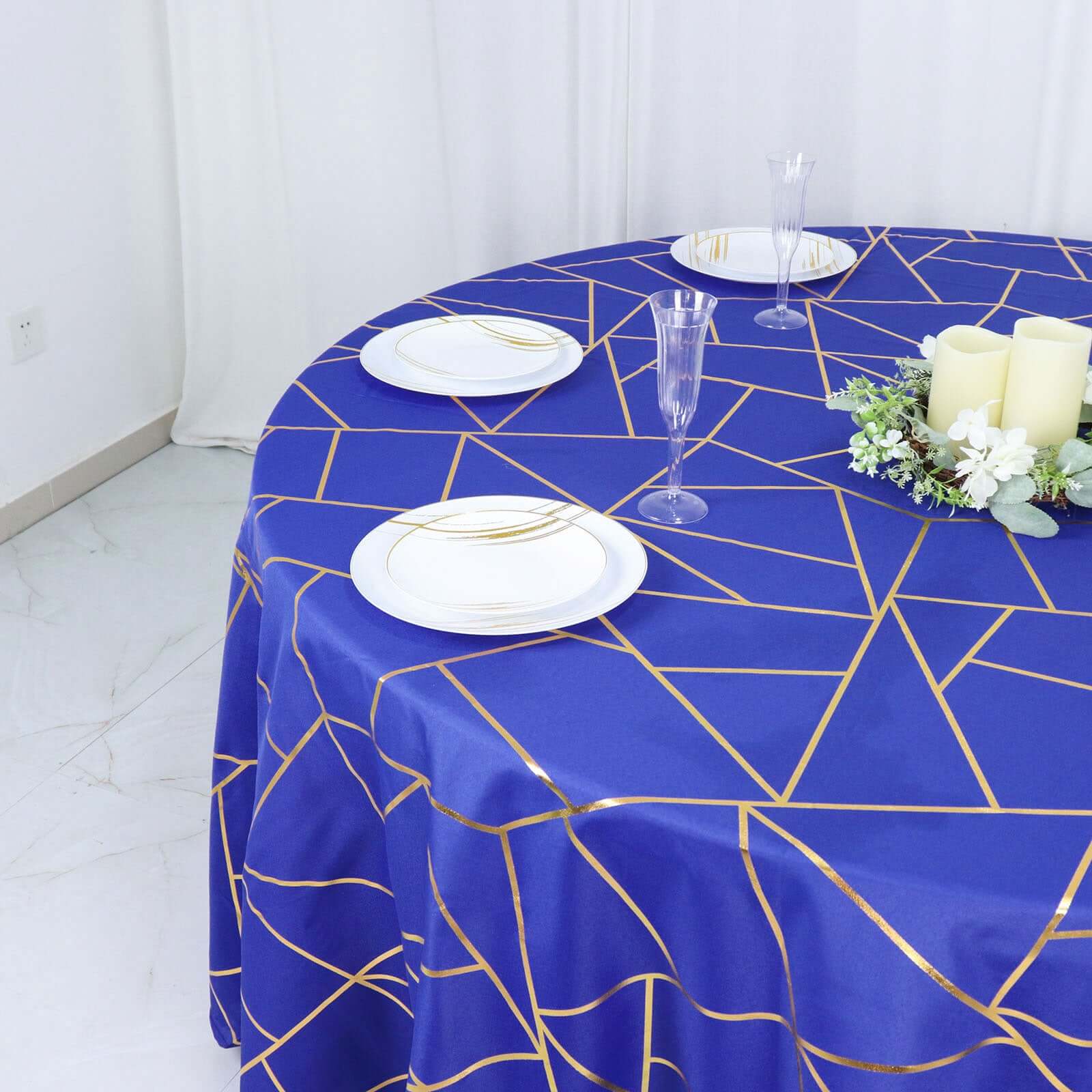 Polyester 120" Round Tablecloth Royal Blue with Gold Foil Geometric Pattern Wrinkle-Resistant Seamless Table Cover