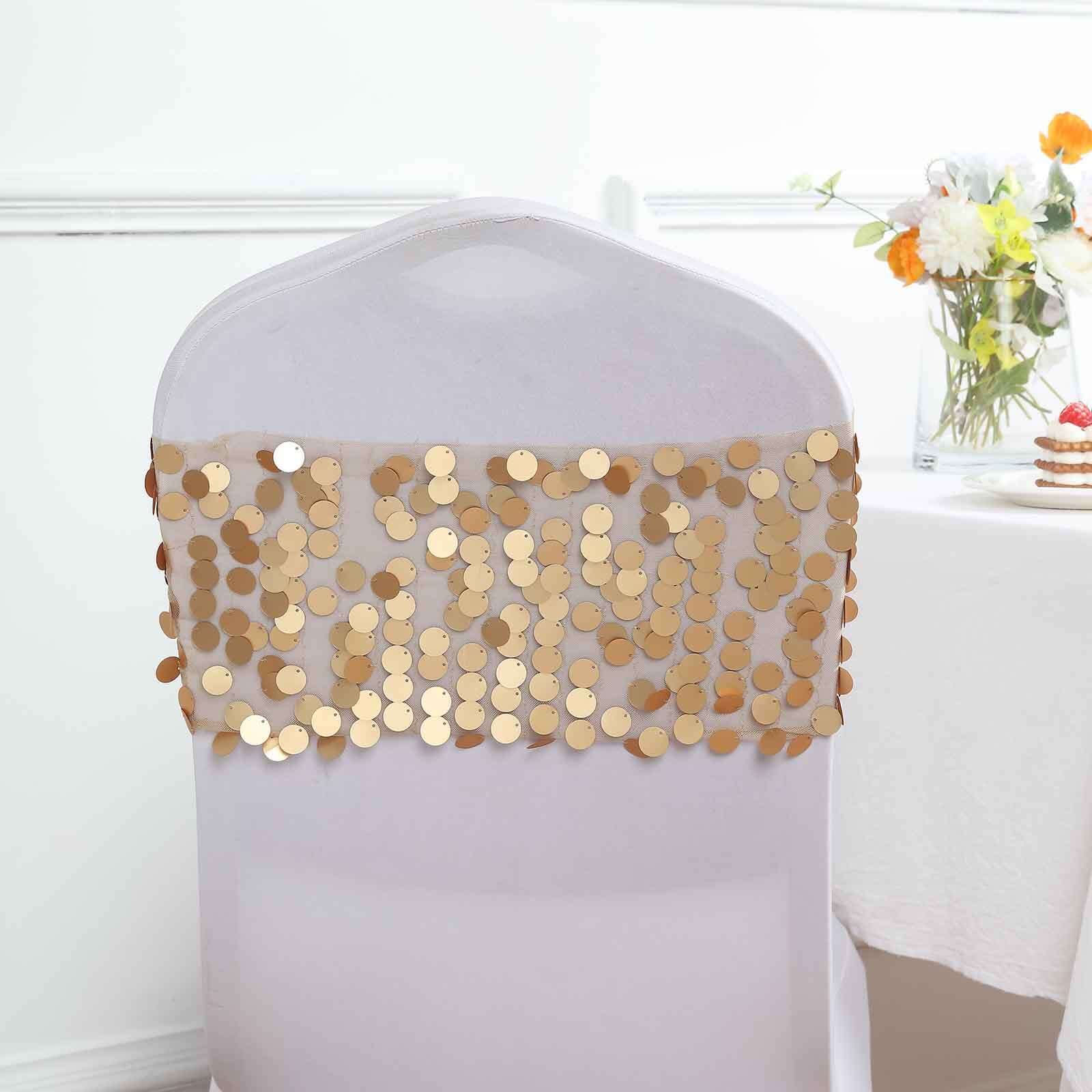 5 Pack Big Payette Sequin 13"x10" Chair Sash Bands Matte Champagne - Stylish Glittering Decor for Weddings & Gatherings