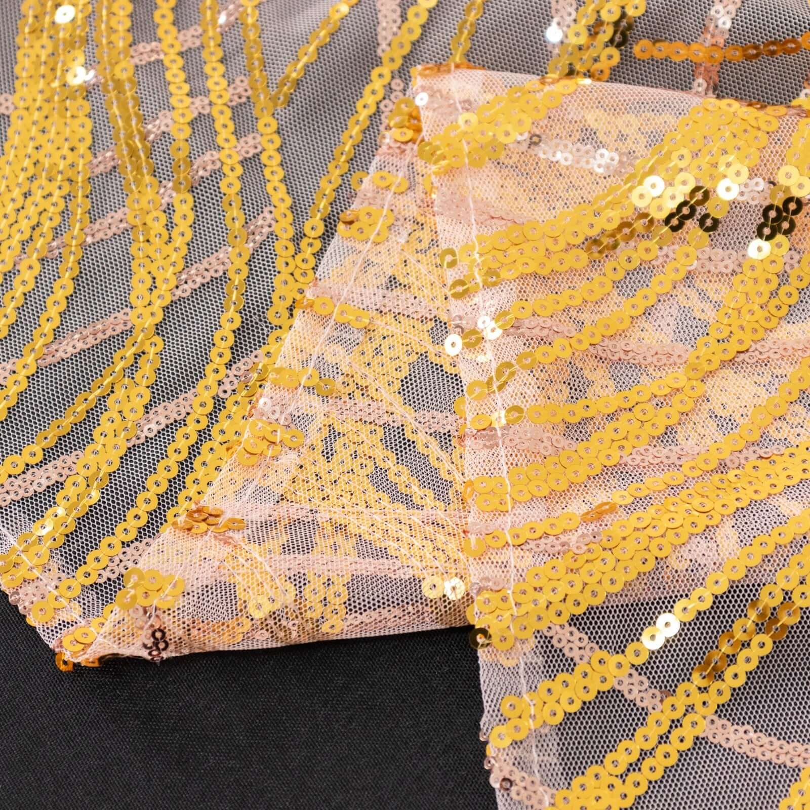 Sequin Mesh 12"x108" Table Runner Rose Gold/Gold Stylish Wave Embroidery