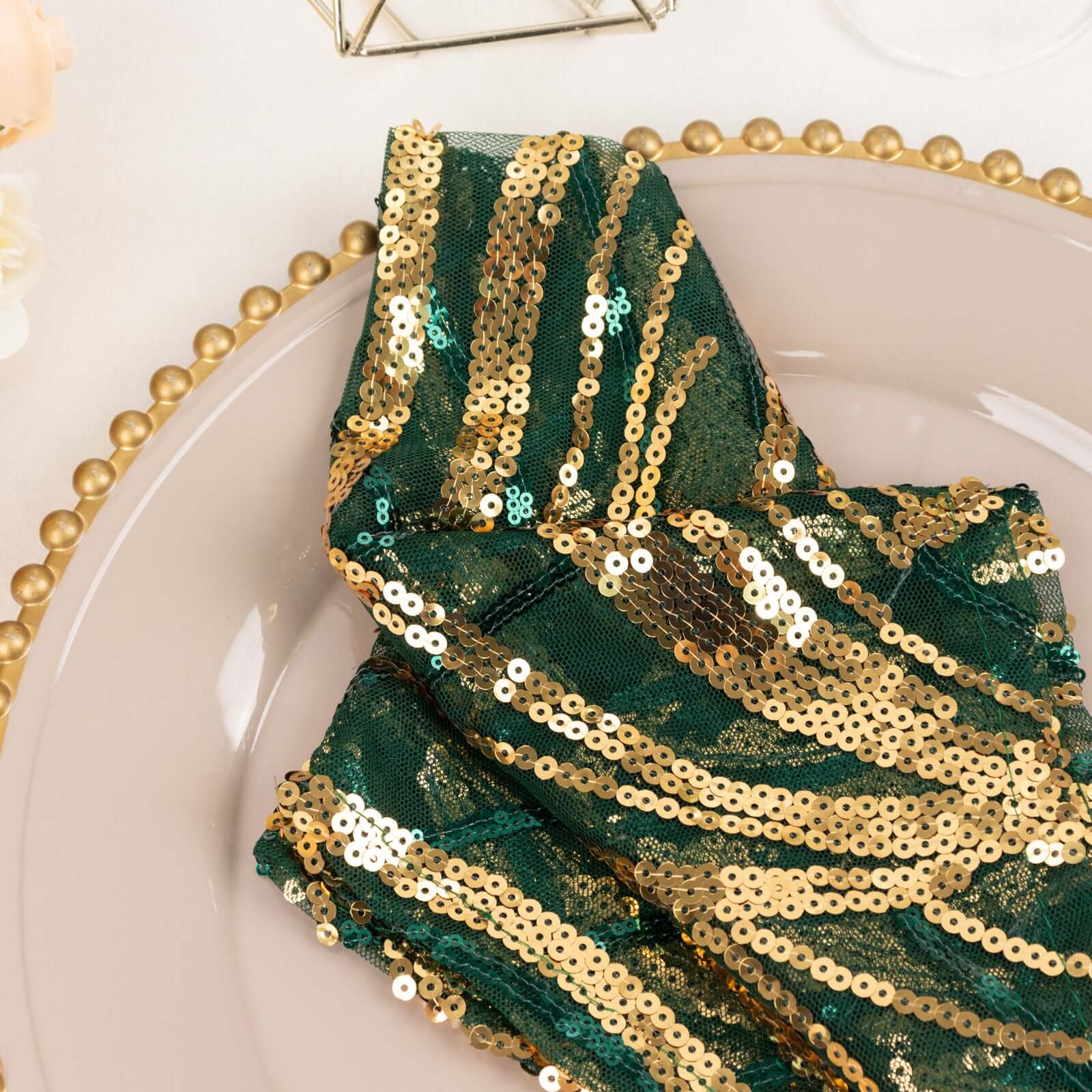 Sequin Mesh 20"x20" Napkin Hunter Emerald Green Gold - Wave Embroidered Reusable Napkin