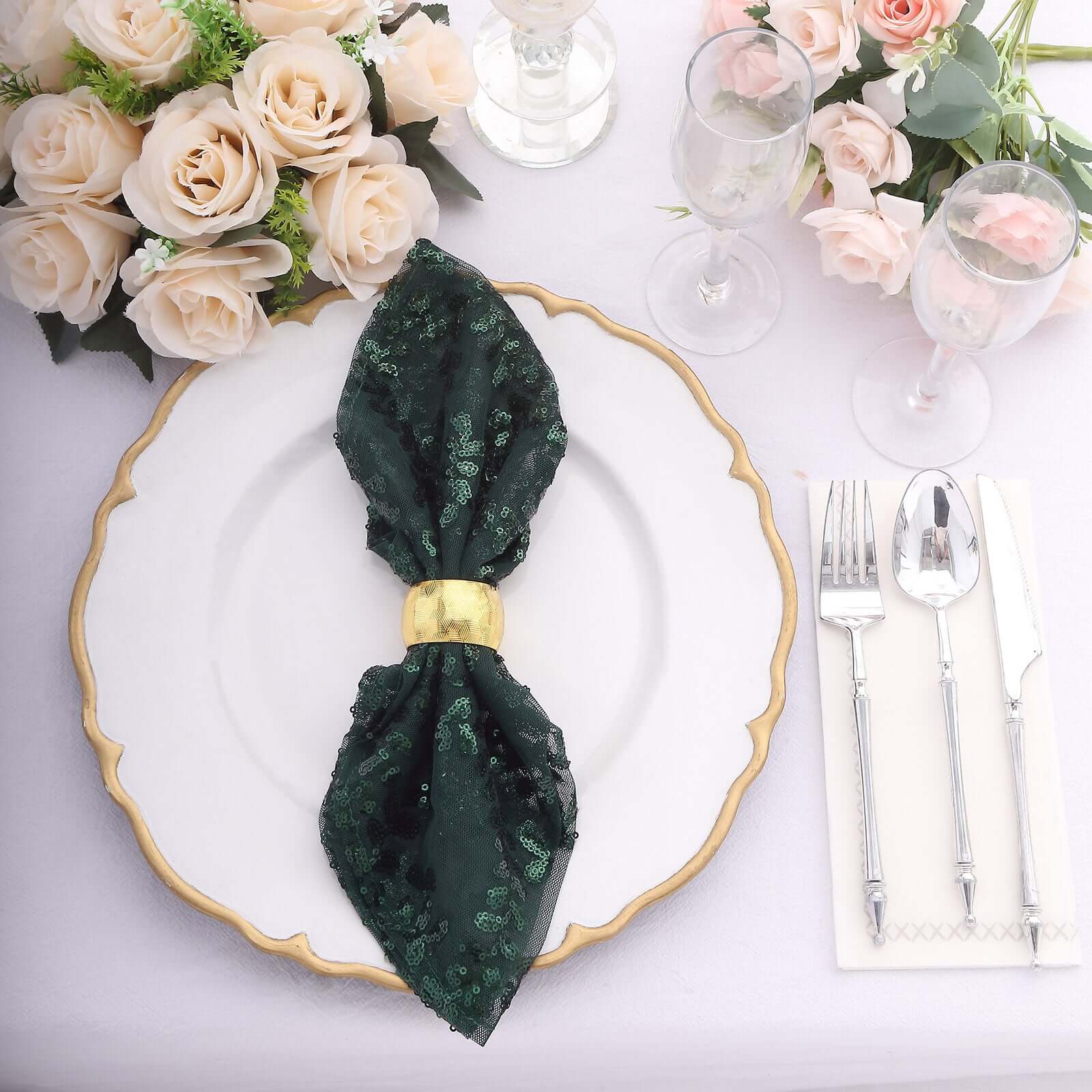 Sequin Tulle 20"x20" Napkin Hunter Emerald Green - Embroidered Leaf Vine Dinner Napkins