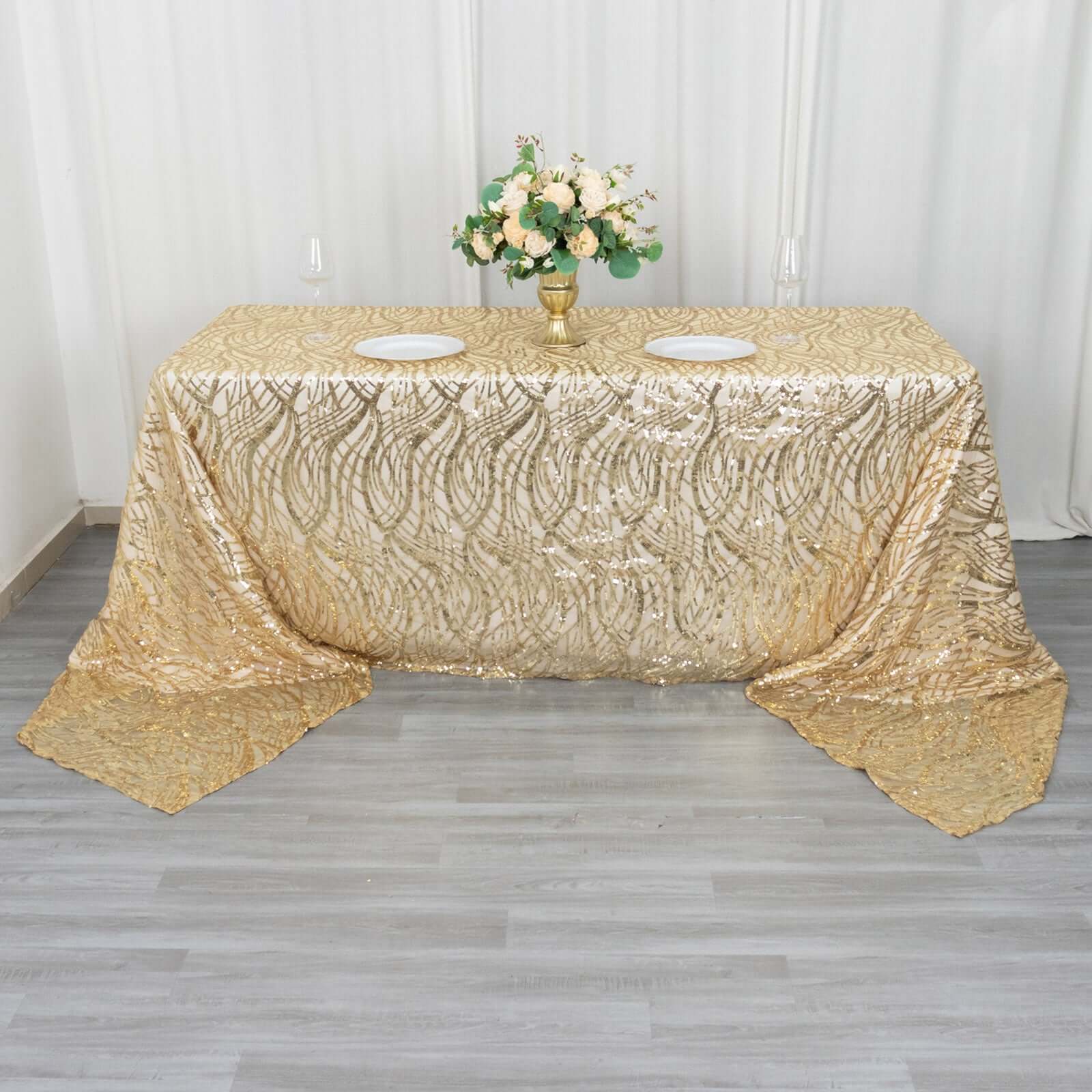 Mesh 90"x156" Rectangle Tablecloth Champagne - Wave Sequin Embroidered Table Cover