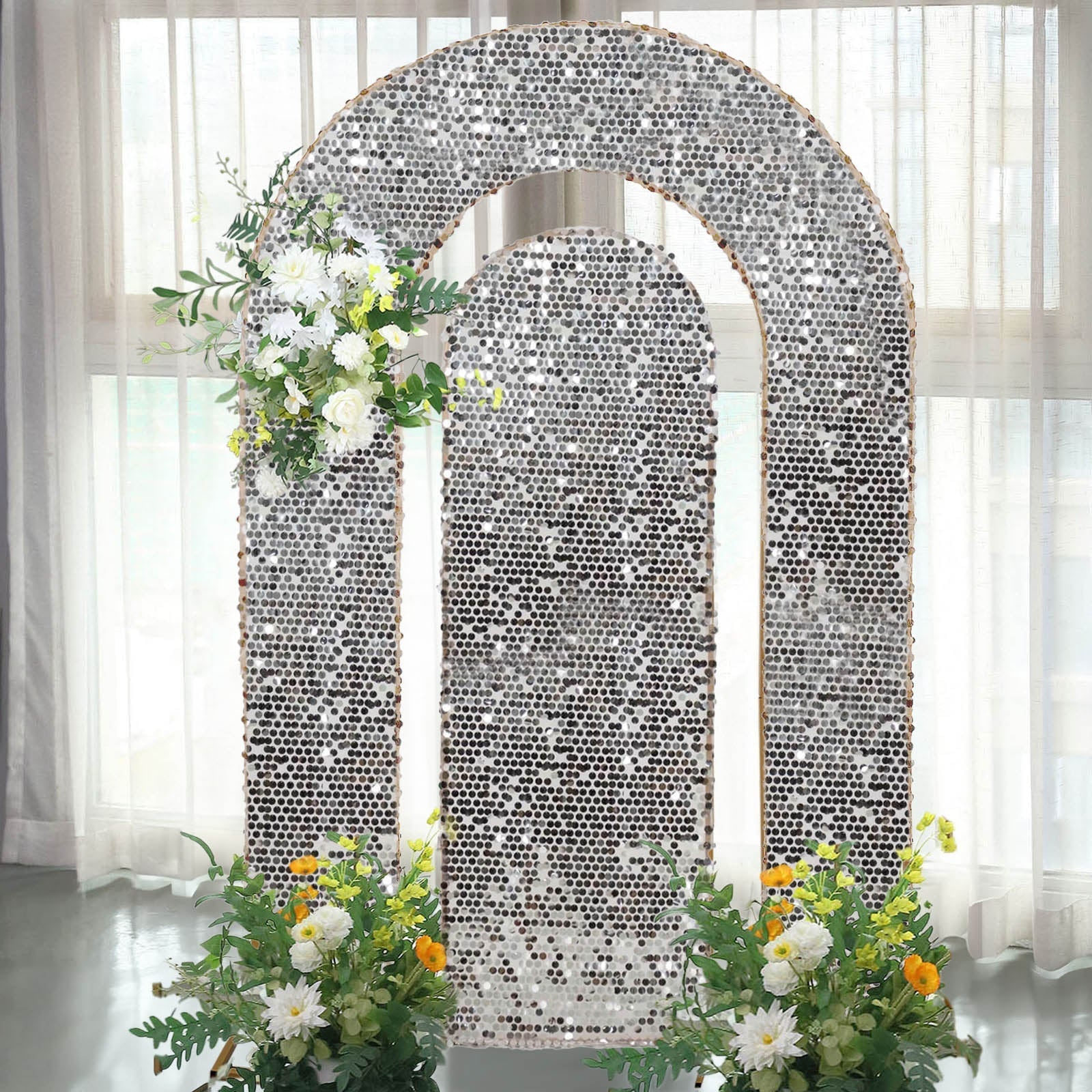 Set of 2 Silver Payette Sequin Wedding Arch Covers for Round Top and Double Arch Chiara Backdrop Stands - 6ft,8ft