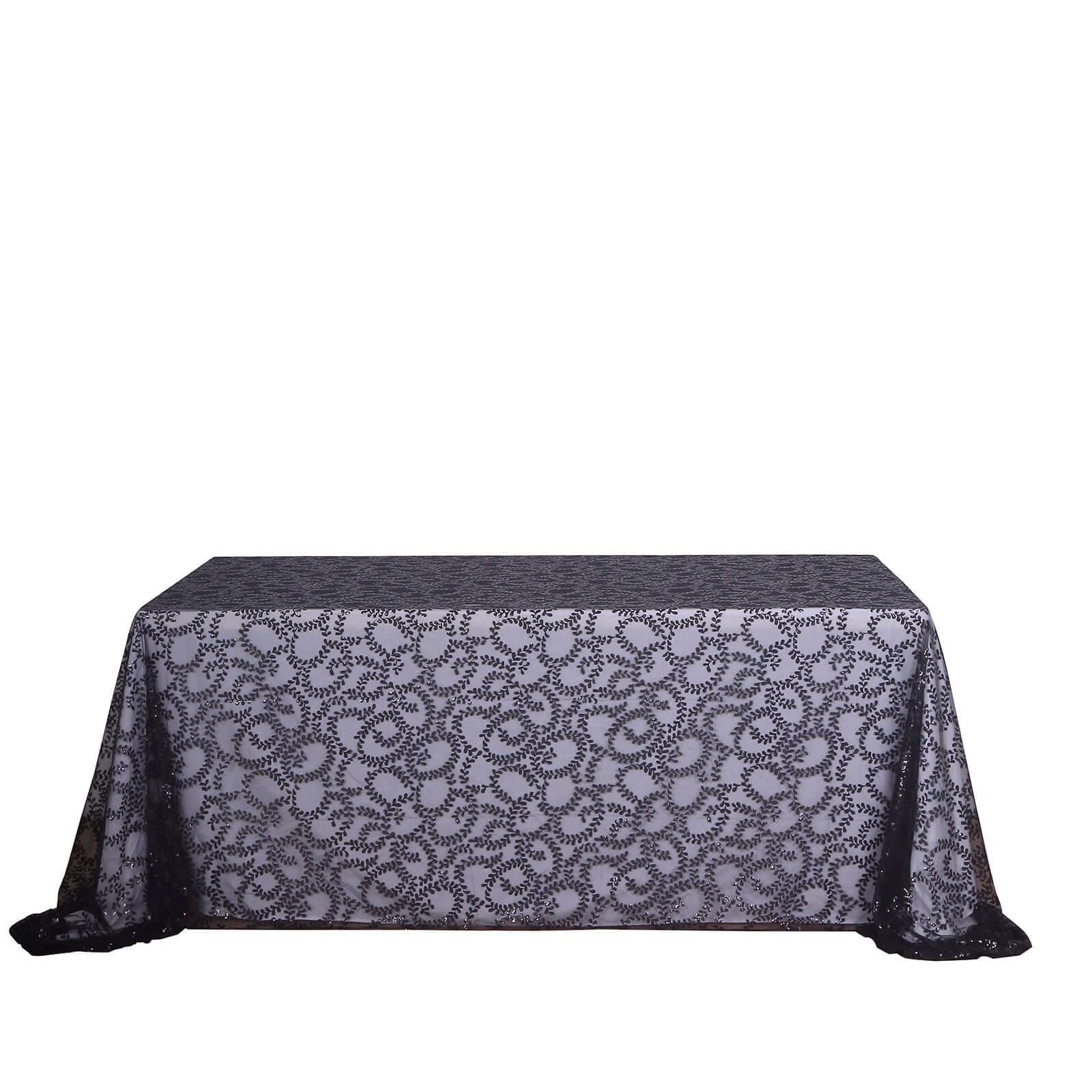 Tulle 90"x156" Rectangle Tablecloth Black - Sequin Leaf Embroidered Table Cover