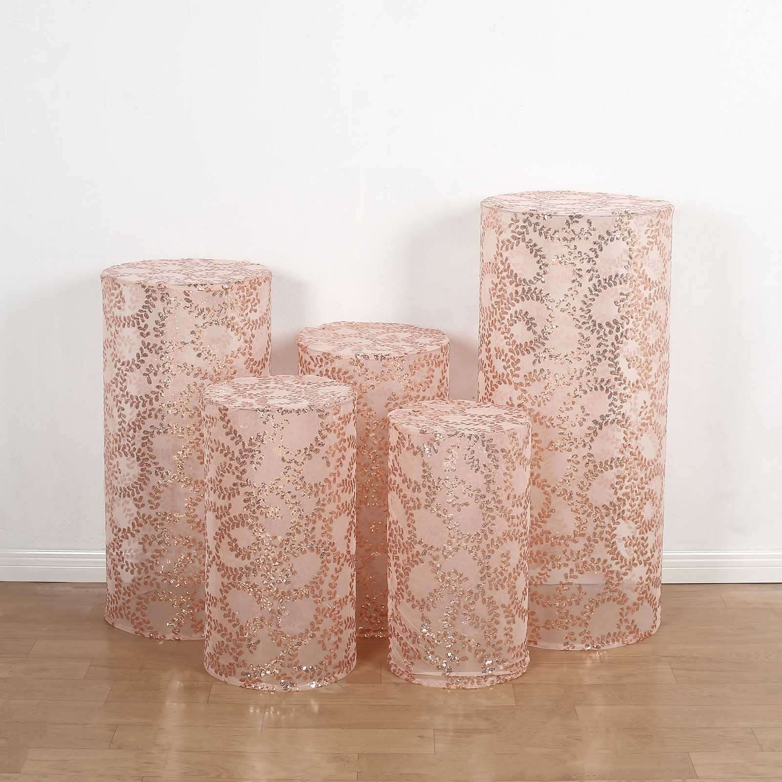Set of 5 Rose Gold Sequin Mesh Cylinder Pedestal Stand Covers with Leaf Vine Embroidery, Sparkly Sheer Tulle Pillar Prop Covers