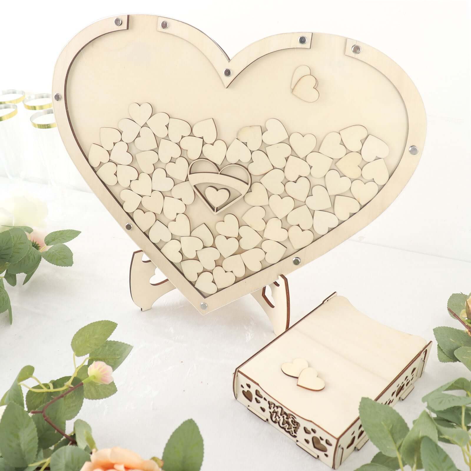 13" Wooden Heart Drop Top Frame Wedding Guest Book Alternative, Rustic Sign Display Stand